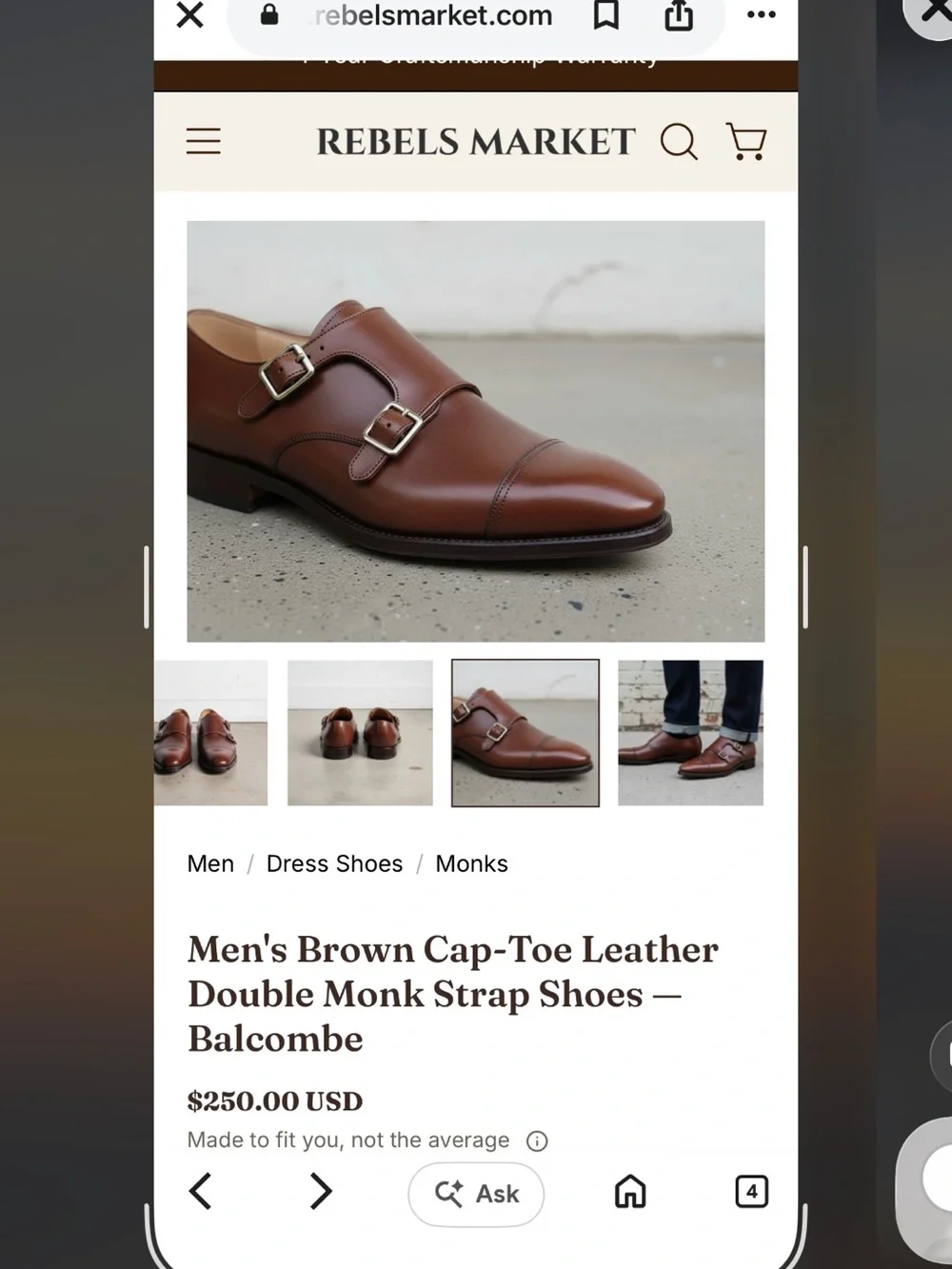 Men's Brown Cap-Toe Leather Double Monk Strap Shoes — Balcombe